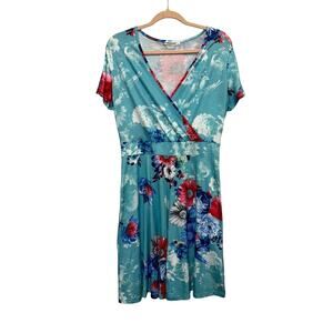 MS Basic‎ Floral Wrap Dress Large Teal Blue Red Short Sleeve Fit Flare Casual